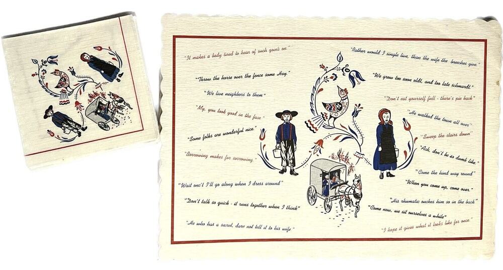 Vintage Pennsylvania Dutch Amish Placemats Napkins Set  16 Horse Buggy Folk Art